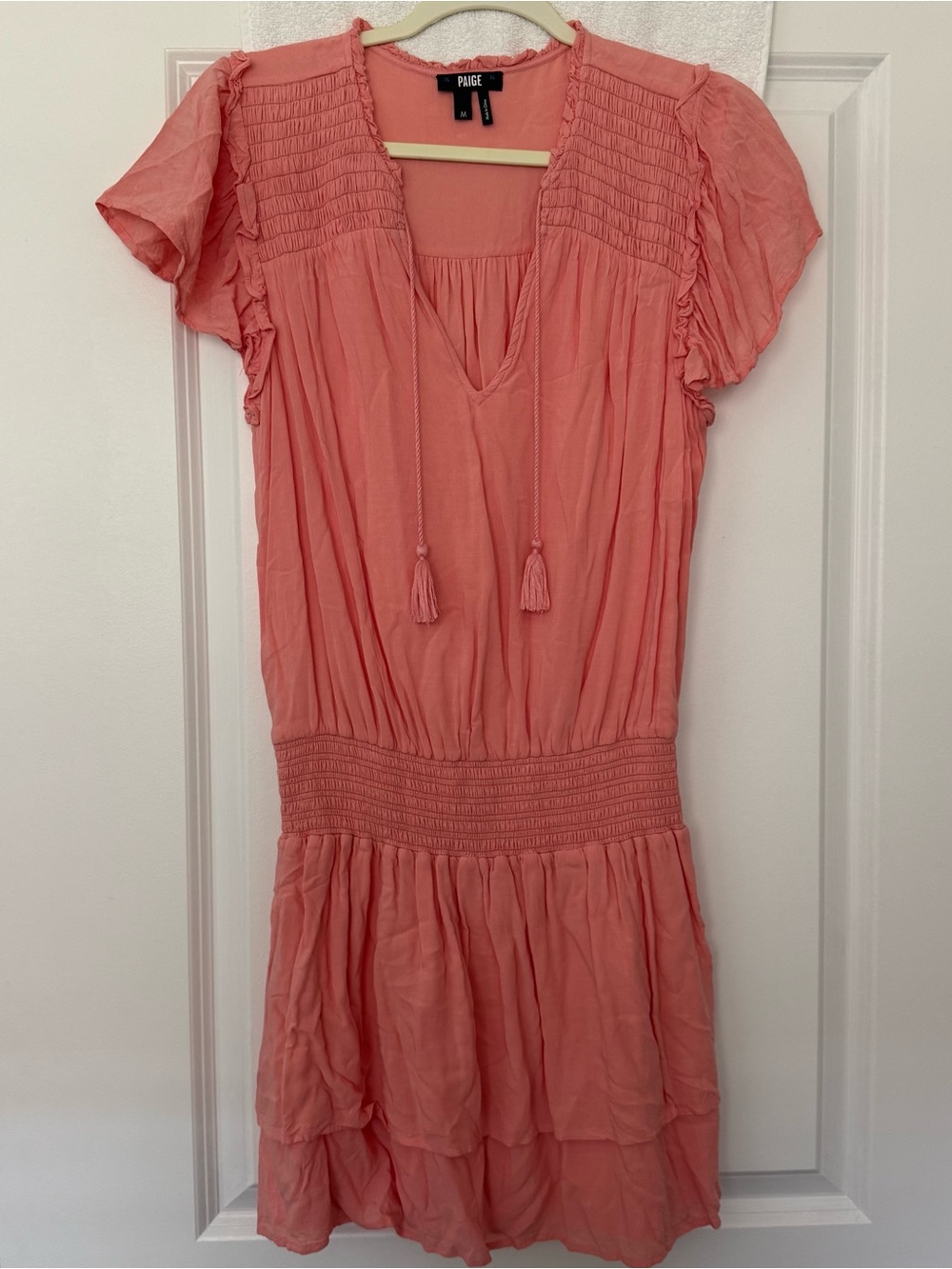 PAIGE Coral Pink Smocked Yoke Tassel Dress